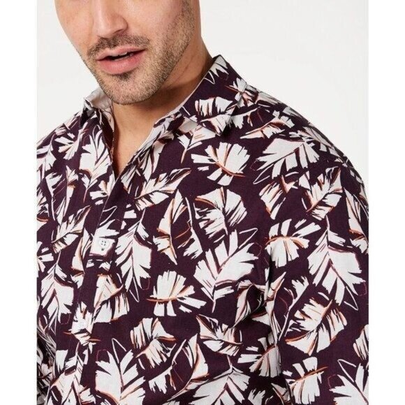 INC International Concepts Button Up Shirt Linen Cotton L Leaf Maroon Casual - Picture 3 of 8